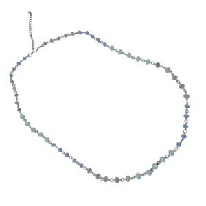 Long Blue Beaded Station Chain Long Boho Necklace Silver Color Adjustable Length